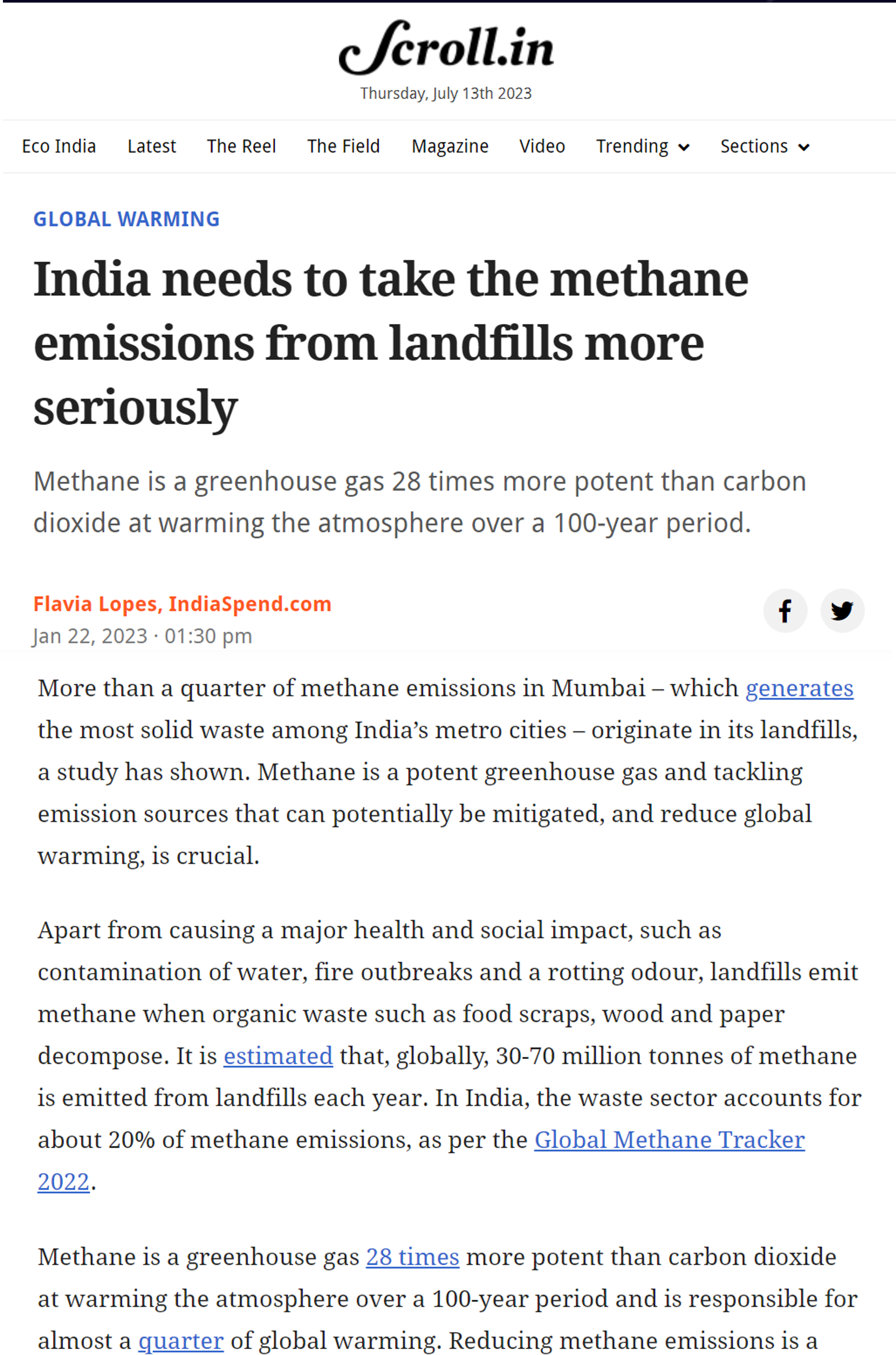 Pratima Singh quoted by Scroll on concerns regarding landfills